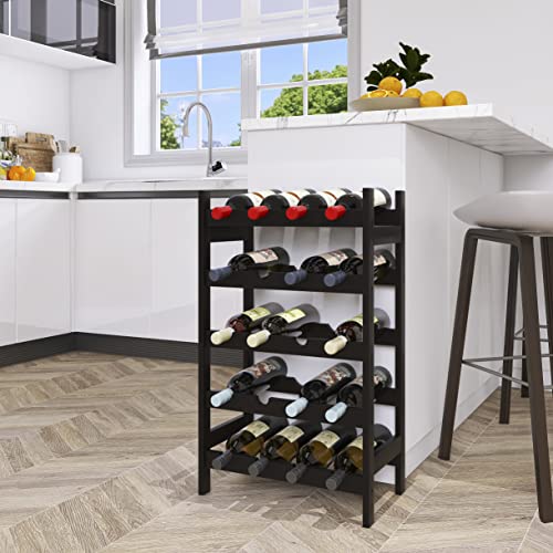 SMIBUY Bamboo Wine Rack, 20 Bottles Display Holder, 5-Tier Free Standing Storage Shelves for Kitchen, Pantry, Cellar, Bar (Black)