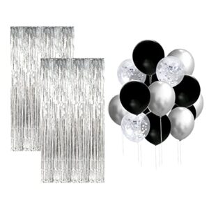 black and silver party decorations kit, silver foil fringe curtain backdrop, black and silver balloons set, graduation party decorations 2023, black and silver birthday party supplies