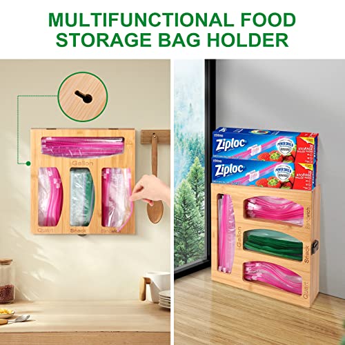 Ziplock Bag Storage Organizer For Drawer, Bamboo Food Storage Bags Dispenser For Kitchen Pantry, Baggie holder With Openable Top Lids Compatible With Gallon, Quart, Snack & Sandwich Variety Size Bags