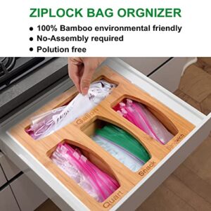 Ziplock Bag Storage Organizer For Drawer, Bamboo Food Storage Bags Dispenser For Kitchen Pantry, Baggie holder With Openable Top Lids Compatible With Gallon, Quart, Snack & Sandwich Variety Size Bags