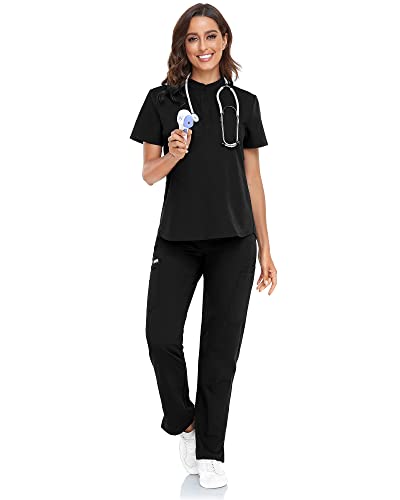 COMENII Scrubs Top for Women, 3 Pockets Mandarin Collar Medical Scrubs for Women, Shrink Resistant Anti-Wrinkle Womens Scrubs Tops（Black M）