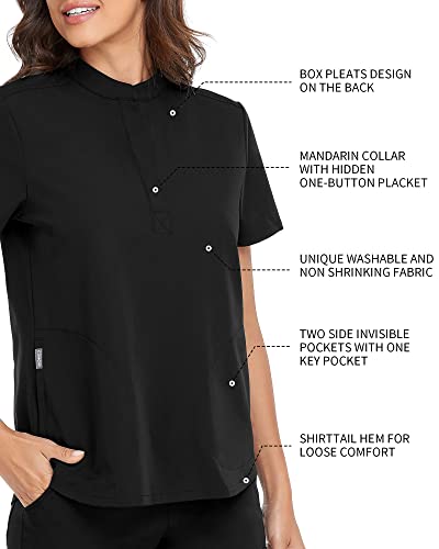 COMENII Scrubs Top for Women, 3 Pockets Mandarin Collar Medical Scrubs for Women, Shrink Resistant Anti-Wrinkle Womens Scrubs Tops（Black M）