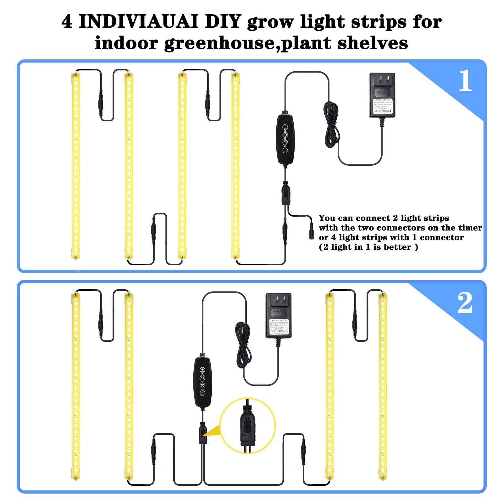 Mosthink Grow Light Strips 4 Packs, 40W Full Spectrum Grow Lights for Indoor Plants, Sunlight Growing Lamp with Auto Timer 3/6/12 H,3 Extension Cables (Separate Plant Light Bar