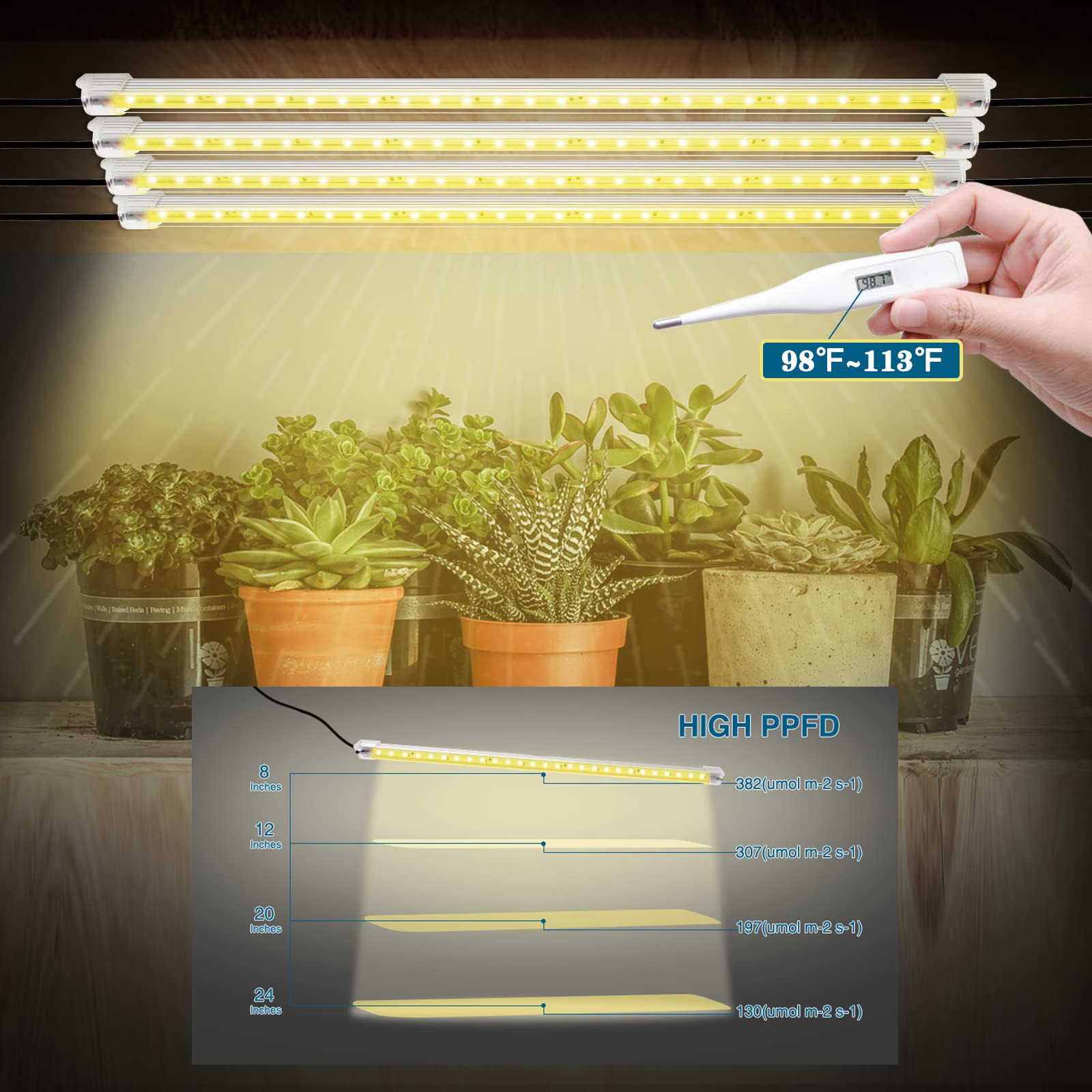 Mosthink Grow Light Strips 4 Packs, 40W Full Spectrum Grow Lights for Indoor Plants, Sunlight Growing Lamp with Auto Timer 3/6/12 H,3 Extension Cables (Separate Plant Light Bar