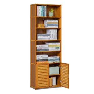 monibloom 7 tier bookcase with shutter doors bamboo free standing display shelf organizer stand for home office living room, brown