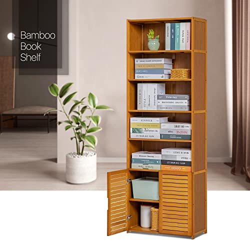 MoNiBloom 7 Tier Bookcase with Shutter Doors Bamboo Free Standing Display Shelf Organizer Stand for Home Office Living Room, Brown