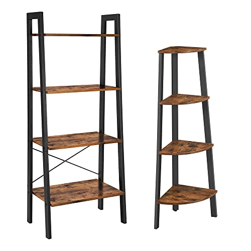 VASAGLE Corner Shelf Bundle with Ladder Shelf, 4-Tier Corner Bookshelf, Plant Shelf Stand for Living Room, Bedroom, Industrial Style, Rustic Brown and Black ULLS34X and ULLS44X