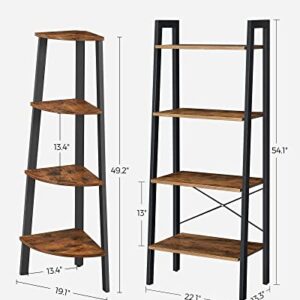 VASAGLE Corner Shelf Bundle with Ladder Shelf, 4-Tier Corner Bookshelf, Plant Shelf Stand for Living Room, Bedroom, Industrial Style, Rustic Brown and Black ULLS34X and ULLS44X