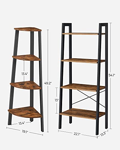 VASAGLE Corner Shelf Bundle with Ladder Shelf, 4-Tier Corner Bookshelf, Plant Shelf Stand for Living Room, Bedroom, Industrial Style, Rustic Brown and Black ULLS34X and ULLS44X