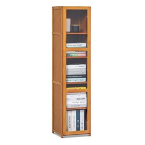 monibloom narrow bookcase with acrylic doors bamboo 5 tier free standing slim bookshelf display storage shelves collection décor furniture for home living room, brown