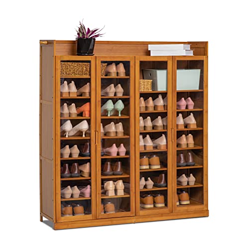 MoNiBloom Shoe Cabinet with Acrylic Doors, 9 Tier Bamboo Free Standing Shoe Shelf Storage Organizer with Side Hooks for 41-45 Pairs Home Entryway, Brown