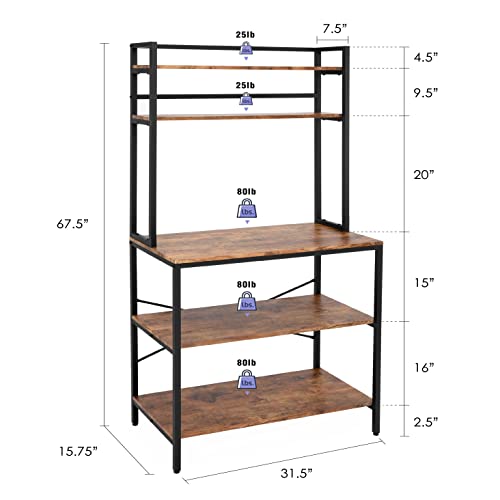 Finnhomy 5-Tier Kitchen Bakers Rack with Storage, Freestanding Microwave Oven Stand with Hutch, Wood Kitchen Rack with Shelves for Living Room/Pantry, 15.75" D x 31.5" W x 67.5" H, Rustic Brown