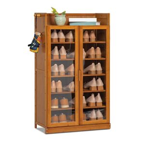 monibloom 7 tier shoe storage cabinet bamboo free standing shoes oragnizer with visible doors and side hooks for 14-18 pairs home entryway, brown