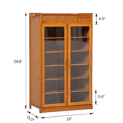 MoNiBloom 7 Tier Shoe Storage Cabinet Bamboo Free Standing Shoes Oragnizer with Visible Doors and Side Hooks for 14-18 Pairs Home Entryway, Brown