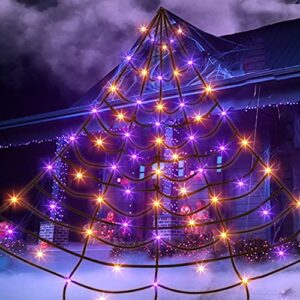 dazzle bright 135 led spider web halloween lights, 16ft x 13ft giant halloween decorations for indoor outdoor house garden yard party (purple & orange)