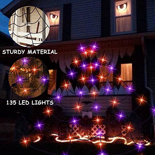 Dazzle Bright 135 LED Spider Web Halloween Lights, 16FT x 13FT Giant Halloween Decorations for Indoor Outdoor House Garden Yard Party (Purple & Orange)