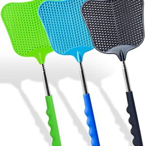 Wapodeai 3 pcs Fly Swatter, Fly Swatter Plastic,Telescopic Fly Swatters, Large Bug Swatter That Work for Indoor and Outdoor. (Black Blue Green)