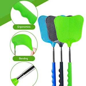 Wapodeai 3 pcs Fly Swatter, Fly Swatter Plastic,Telescopic Fly Swatters, Large Bug Swatter That Work for Indoor and Outdoor. (Black Blue Green)