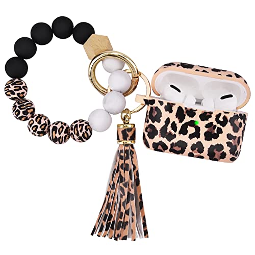 AirPods Pro Case AIRSPO Cute AirPods Pro Case Cover for AirPods Pro Printed Silicone Protective Skin for Women, Girls with Bracelet Keychain/Accessories (Khaki/Cheetah)