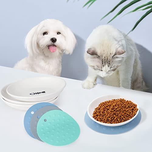 Dorakitten Ceramic Cat Food Plates: Cat Wet Food Bowls Cat Feeding Wide Bowls to Stress Relief of Whisker Fatigue Cat Dishes, Shallow Bowls for Kittens and Small Animals with Non-Slip Mat