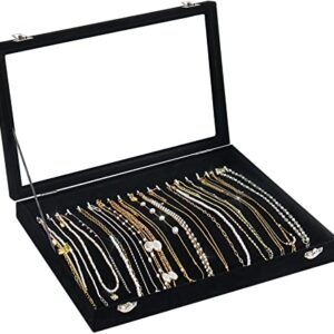 Necklace Organizer Box, Necklace Tray for Jewelry with Clear Lid, Dustproof Velvet Necklaces Holder Storage Display Case, 20 Hooks Glass Top Jewelry Tray Drawer Insert for Necklaces Pendant Bracelet