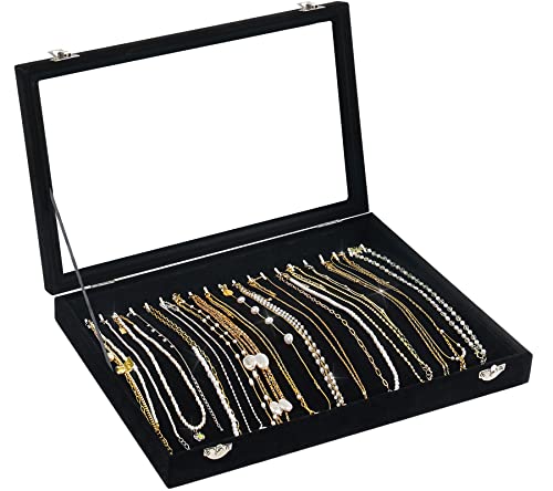 Necklace Organizer Box, Necklace Tray for Jewelry with Clear Lid, Dustproof Velvet Necklaces Holder Storage Display Case, 20 Hooks Glass Top Jewelry Tray Drawer Insert for Necklaces Pendant Bracelet