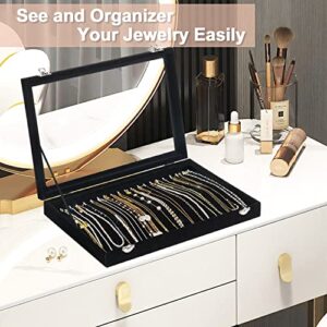 Necklace Organizer Box, Necklace Tray for Jewelry with Clear Lid, Dustproof Velvet Necklaces Holder Storage Display Case, 20 Hooks Glass Top Jewelry Tray Drawer Insert for Necklaces Pendant Bracelet