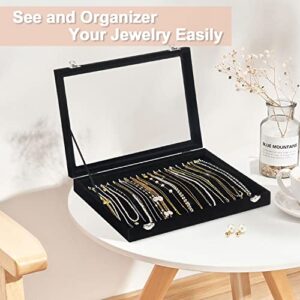 Necklace Organizer Box, Necklace Tray for Jewelry with Clear Lid, Dustproof Velvet Necklaces Holder Storage Display Case, 20 Hooks Glass Top Jewelry Tray Drawer Insert for Necklaces Pendant Bracelet