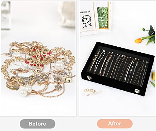 Necklace Organizer Box, Necklace Tray for Jewelry with Clear Lid, Dustproof Velvet Necklaces Holder Storage Display Case, 20 Hooks Glass Top Jewelry Tray Drawer Insert for Necklaces Pendant Bracelet