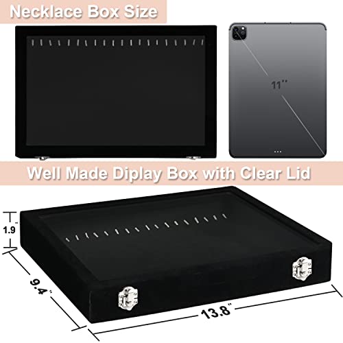 Necklace Organizer Box, Necklace Tray for Jewelry with Clear Lid, Dustproof Velvet Necklaces Holder Storage Display Case, 20 Hooks Glass Top Jewelry Tray Drawer Insert for Necklaces Pendant Bracelet