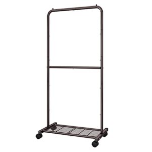 simple trending-double rod clothing garment rack, rolling clothes organizer on wheels for hanging clothes, bronze
