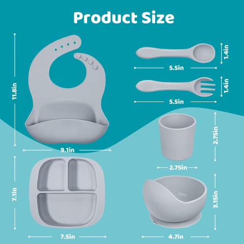 Ziza Baby Led Weaning Supplies - Silicone Baby Feeding Set, Suction Plates and Bowls for Infants & Toddlers, Baby Eating Supplies with Divided Plate, Suction Bowl, Bib, Training Cup, Spoon, Fork