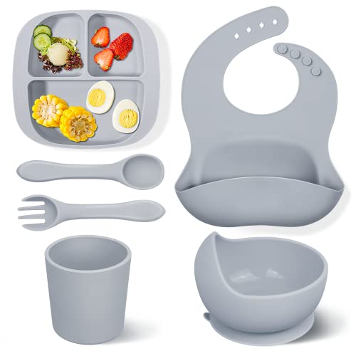 Ziza Baby Led Weaning Supplies - Silicone Baby Feeding Set, Suction Plates and Bowls for Infants & Toddlers, Baby Eating Supplies with Divided Plate, Suction Bowl, Bib, Training Cup, Spoon, Fork