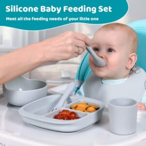 Ziza Baby Led Weaning Supplies - Silicone Baby Feeding Set, Suction Plates and Bowls for Infants & Toddlers, Baby Eating Supplies with Divided Plate, Suction Bowl, Bib, Training Cup, Spoon, Fork