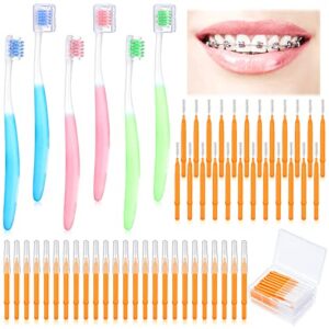 6 pieces brace toothbrush v shaped orthodontic toothbrush with brush head 40 pieces interdental brush soft bristle braces brushes for cleaning portable toothbrushes for braces (orange,medium)