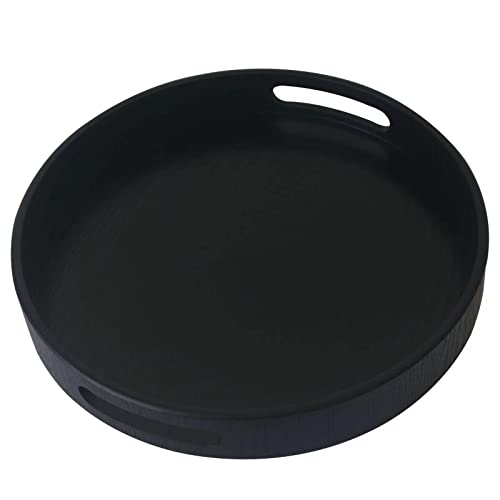 3.5 cm Deep Solid Wood Serving Tray, Round with Handle Hole Non-Slip Tea Coffee Snack Plate Food Meals Serving Tray with Raised Edges for Home Kitchen Restaurant(11.8 inch, Black)