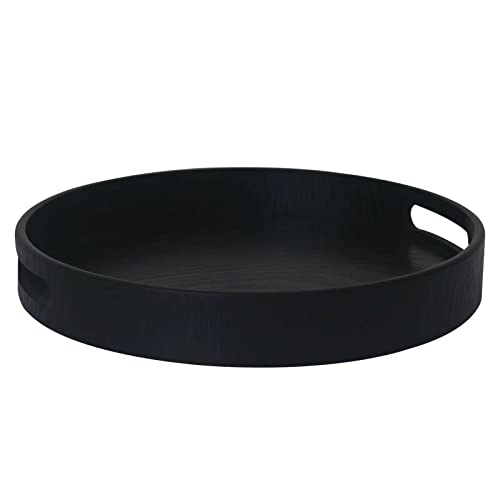 3.5 cm Deep Solid Wood Serving Tray, Round with Handle Hole Non-Slip Tea Coffee Snack Plate Food Meals Serving Tray with Raised Edges for Home Kitchen Restaurant(11.8 inch, Black)