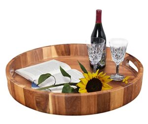 round wooden serving tray with handles, 15¾" large diameter wood serving trays for ottoman, rustic acacia circle tray for eating, entertaining, decorating and organizing