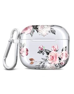 rxkeji airpods 3 case cover, rose flower clear case cute protective soft shockproof cover with keychain for women girls compatible with airpods 3rd generation case - pink