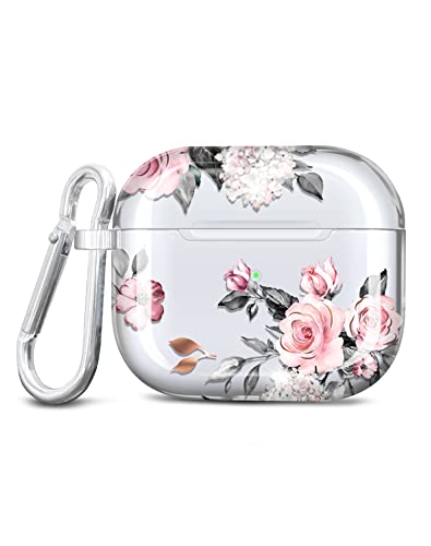 RXKEJI AirPods 3 Case Cover, Rose Flower Clear Case Cute Protective Soft Shockproof Cover with Keychain for Women Girls Compatible with AirPods 3rd Generation Case - Pink