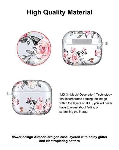 RXKEJI AirPods 3 Case Cover, Rose Flower Clear Case Cute Protective Soft Shockproof Cover with Keychain for Women Girls Compatible with AirPods 3rd Generation Case - Pink