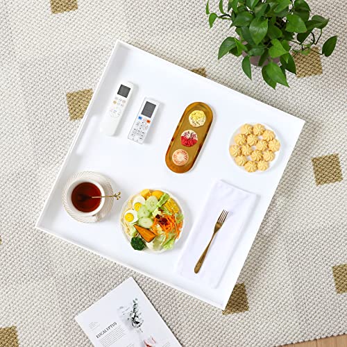 KEVJES Large White Acrylic Serving Tray with Handles-24x24x2 Inch Big Size Spill Proof Tray for Ottoman,Coffee Table, Breakfast, Tea, Food, Butler -Safe Edge Organizer Tray Decorative Tray