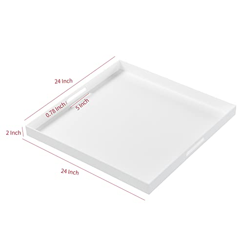 KEVJES Large White Acrylic Serving Tray with Handles-24x24x2 Inch Big Size Spill Proof Tray for Ottoman,Coffee Table, Breakfast, Tea, Food, Butler -Safe Edge Organizer Tray Decorative Tray