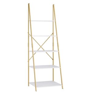 finetones 5-Tier Ladder Shelf, Free Standing A-Shape Display Bookcase, Storage Organizer Unit with Metal Frame, Flower Stand Plant Rack for Living Room, Kitchen, Bathroom, Home Office, White/Gold