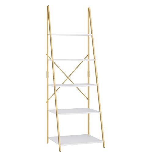 finetones 5-Tier Ladder Shelf, Free Standing A-Shape Display Bookcase, Storage Organizer Unit with Metal Frame, Flower Stand Plant Rack for Living Room, Kitchen, Bathroom, Home Office, White/Gold