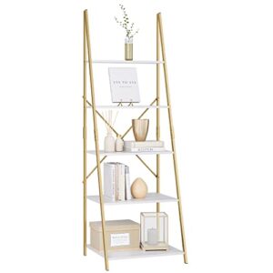 finetones 5-tier ladder shelf, free standing a-shape display bookcase, storage organizer unit with metal frame, flower stand plant rack for living room, kitchen, bathroom, home office, white/gold