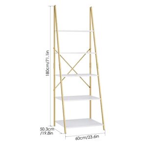 finetones 5-Tier Ladder Shelf, Free Standing A-Shape Display Bookcase, Storage Organizer Unit with Metal Frame, Flower Stand Plant Rack for Living Room, Kitchen, Bathroom, Home Office, White/Gold