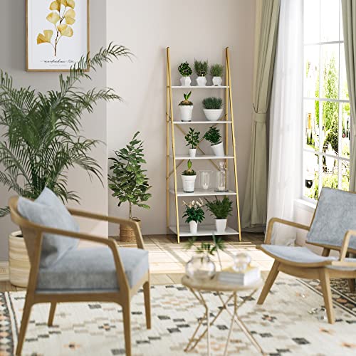 finetones 5-Tier Ladder Shelf, Free Standing A-Shape Display Bookcase, Storage Organizer Unit with Metal Frame, Flower Stand Plant Rack for Living Room, Kitchen, Bathroom, Home Office, White/Gold