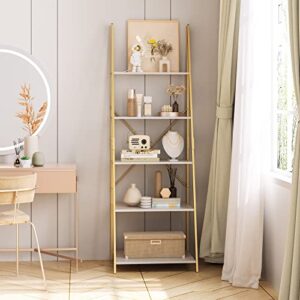 finetones 5-Tier Ladder Shelf, Free Standing A-Shape Display Bookcase, Storage Organizer Unit with Metal Frame, Flower Stand Plant Rack for Living Room, Kitchen, Bathroom, Home Office, White/Gold