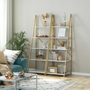 finetones 5-Tier Ladder Shelf, Free Standing A-Shape Display Bookcase, Storage Organizer Unit with Metal Frame, Flower Stand Plant Rack for Living Room, Kitchen, Bathroom, Home Office, White/Gold
